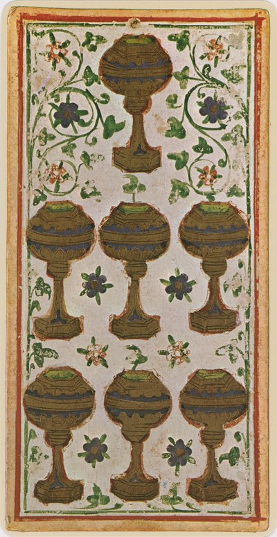 I sette di coppe, facsimile di una carta dei tarocchi dal mazzo 
